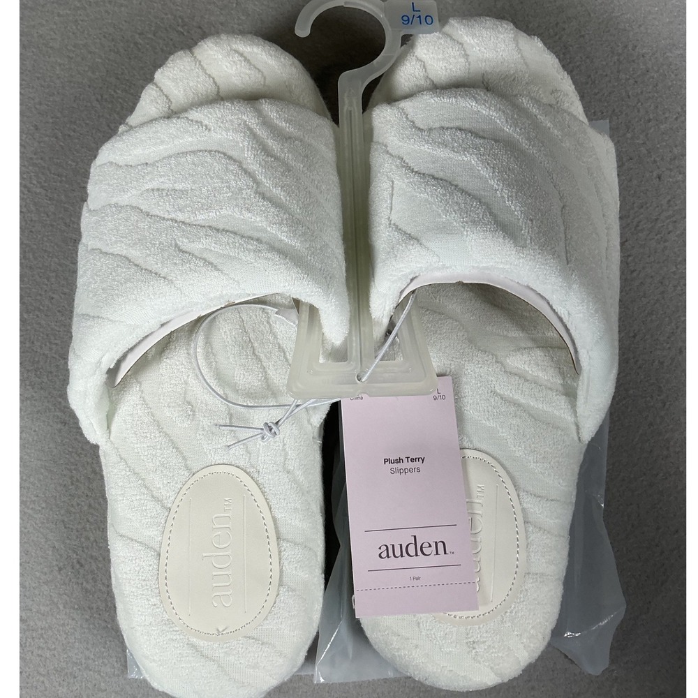Auden Plush Terry Slippers Womens L 9/10 White Spa House Comfort NWT